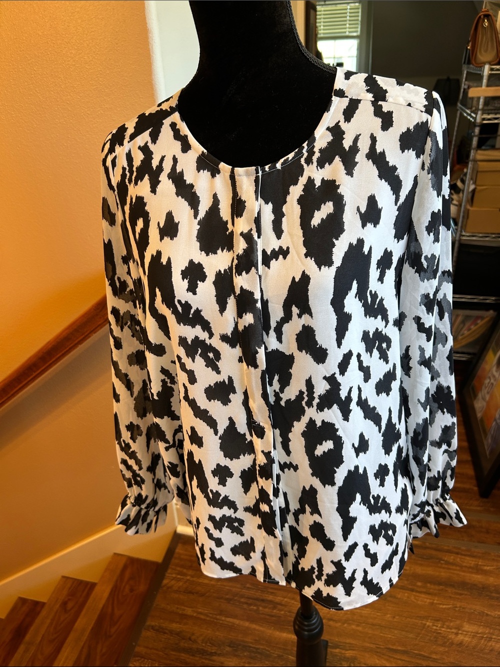 Gibson Latimer Black and White Animal Print Button-Front Sheer Blouse